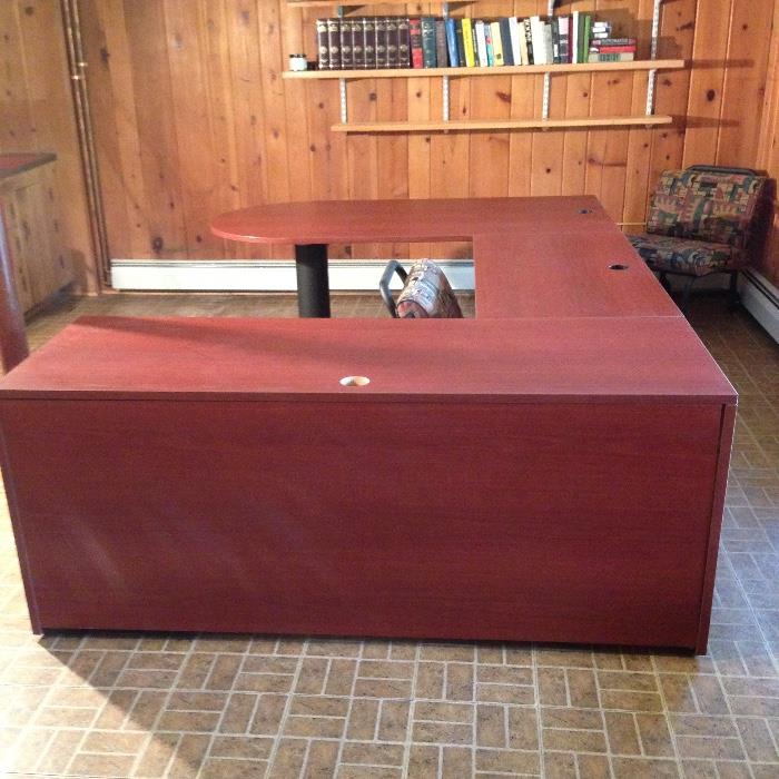 Cherry u-shaped desk with file drawers. Part of set with two matching two-drawer file cabinets and coffee table.