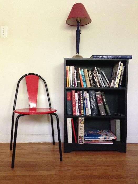 Italian metal chair, bookcase, lamp.