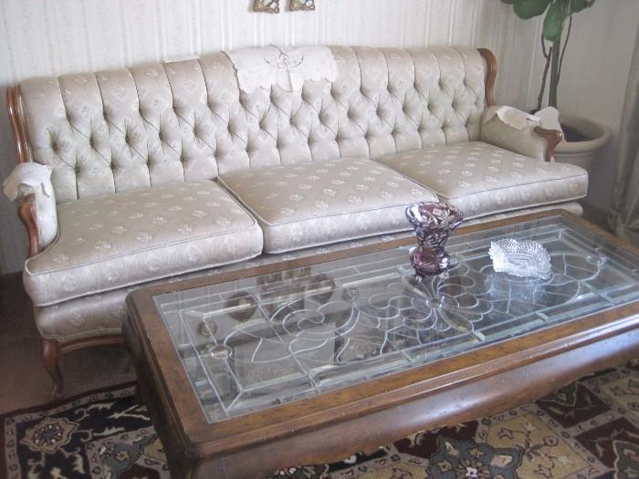 ANTIQUE PARLOR STYLE SOFA, ANTIQUE LEADED GLASS COFFEE TABLE