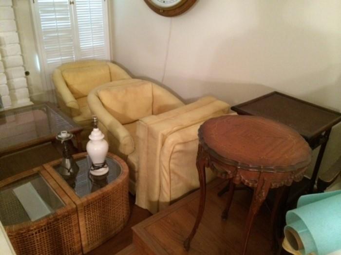 Various side tables and two barrel chairs and ottoman (good bones but chairs and ottoman are a project)