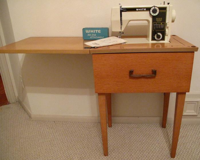 Mid-Century Blonde Oak Veneer Sewing Cabinet with  a White Sewing Machine Model 988