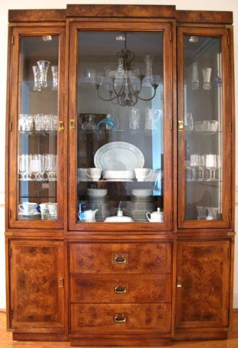 Hickory Mfg. Co. Triple China Cabinet in a fruit wood finish with 3 glass front doors over 3-Drawers flanked by a single door cabinet 