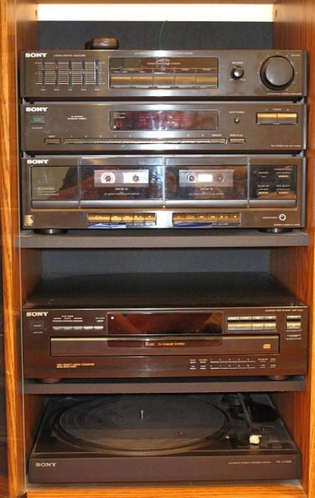 Sony Audio Tower Entertainment System:  5  Band Graphic Equalizer HST-211, FM/AM Stereo 30 Station Preset Tuner,  Stereo Dual Cassette Deck, 5 Disc Ex-Change System CDP-C365, Automatic stereo Turntable System PS-LX295, Floor Speakers SS-U211(pair) 
