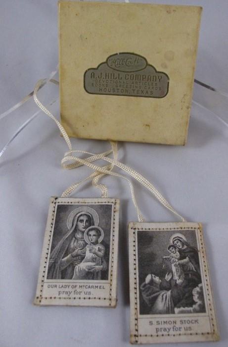 
Hill Craft A.J. Hill Co. Houston, Tx Catholic Scapular Cards in Original Box:  "Our Lady do Mt. Carmel" and "Saint Simon"
