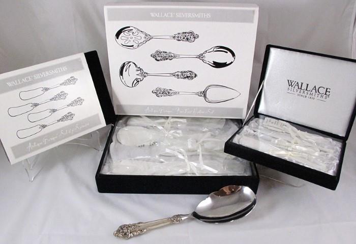 Wallace Silversmiths Silver Plate "Antique Baroque" 4 piece Hostess Set: Pie Server, Gravy Ladle, Table Spoon Slotted Spoon and  Set of 4 Spreaders Butter Knives in original Packaging stored in  Black Velveteen Case (2 sets available)
Wallace Sterling "Grande Baroque" Sterling Hollow Handle Casserole Spoon with Stainless Bowl 