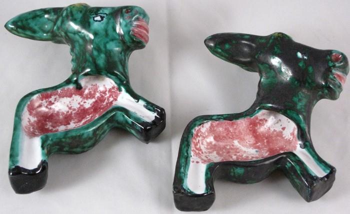 Vintage Italian Majolica Glazed Hand Made, Hand Painted Art Pottery Figural Donkey Ashtray (2 each)