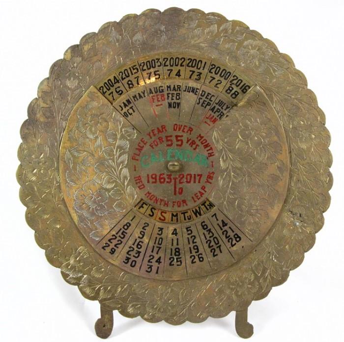 Perpetual Calendar  1963 - 2017 Solid Brass  5" in diameter. Made in India on the back. 
