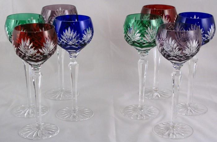 AJKA "Caroline" Crystal Cut to Clear Wine Hock Goblets hand cut, 24% lead crystal goblets.
The goblets are made of a 'cut-to-clear' cased crystal. 
Colors include: Cobalt Blue, Ruby Red, Emerald Green, and Amethyst Purple. 
The measurement of each goblet is 8 3/8" 
