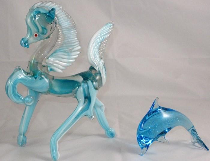 Art Glass Aqua Pony 10 1/2" H x 8"W - Art Glass Dolphin 4"H x 5"W