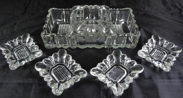 Vintage Depression Era Crystal Glass Cigarette Box with Side Compartments Ana's 4 Individual Ashtray