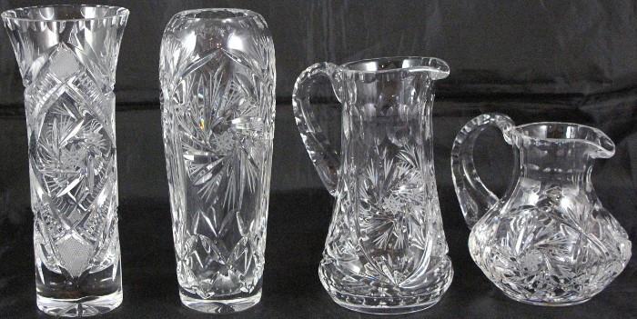 Bohemian Genuine Cut Crystal:  7 1/8" Vase,  7" Vase, 5 3/4" Small Pitcher & 4 1/2" Small Pitcher