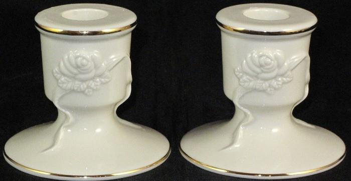 "Rosebud" Collection by Lenox Candle Holder w/24" K Gold Trim. C. 1984-1986 (2" x 2 3/4")