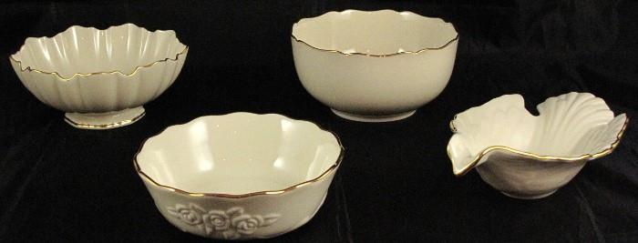 Lenox Ivoy Gold Trim Porcelain Bowls:  "Synphony" Bon-Bon Bowl 6.25", Small Serving Bowl 6"W x 3"H, "Rose Blossom" Bowl 5 5/8" x 2", Dove Gravy/Sauce Boat 