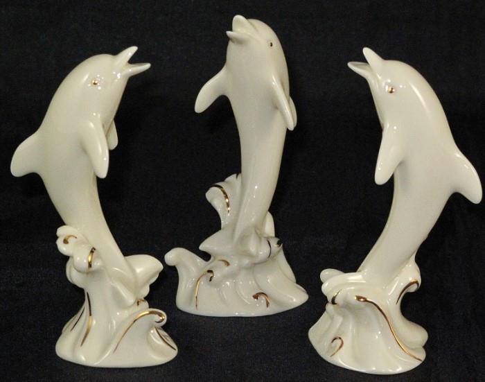 Lenox's Classic Ivory Miniature Collection Dancing Dolphins w/24K Gold Trim.  (3 each) 3 7/8" H
