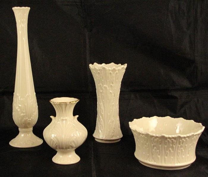 Lenox Ivory Porcelain Collection:  Acanthus Leaf Bud Vase 10 3/4",  "Elfin" 4.5" Vase 1985-1989, "Woodland Collection" 6" Vase, "Woodland Collection" Bon- Bon Bowl,   