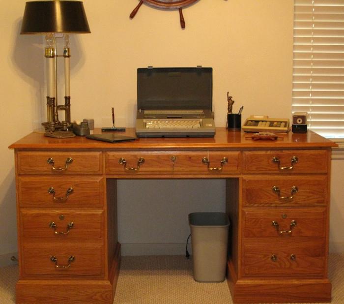 Ethan Allen Oak Pedestal Desk:  7 Drawer  (59"W x 28"D x 30"H)