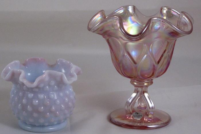 Fenton Blue & Pink Slag Glass Hobnail Ivy Bowl & Fenton Pink iridescent Tri-toed Compote