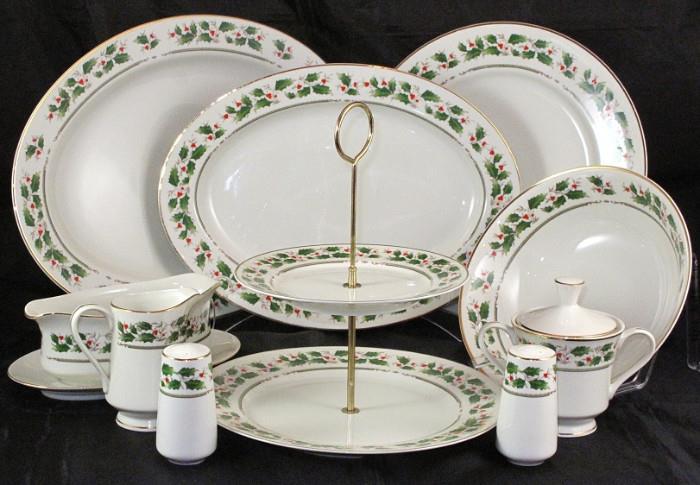 "Noel" by Seizan:  16" Platter, 14" Platter, 12" Chop Plate, Gravy with Attached Under plate, 2-Tier Serving Tray, Sugar & Creamer and Salt & Pepper Set