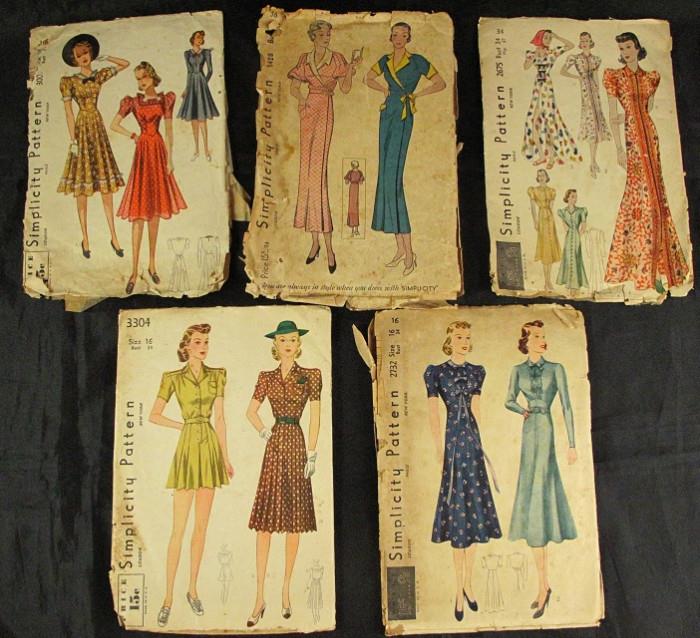 Vintage 1940's & 1930's  Simplicity Patterns:  #'s 3008 - 1428 - 2675 - 3304 - 2732