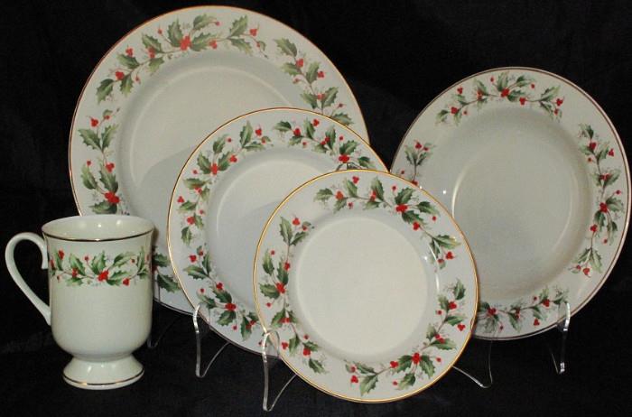 "Holly" 6283 by All The Trimmings for R.H. Macy & Co.: 7 Dinner Plates, 8 Salad Plates, 4 B & B Plates, 4 Rim Soups & 3 Mug.   Serving Pieces not Shown:  Round Vegetable Bowl, Covered Butter Dish, Salt & Pepper Set and Sugar & Creamer