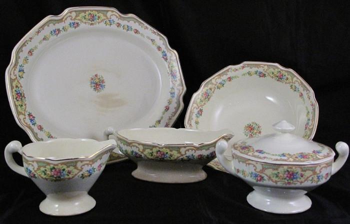 Depression Era unmarked China:  Place Setting:  Platter, Oval 9" Vegetable Bowl, Gravy Boat and Creamer and Sugar Bowl w/Lid