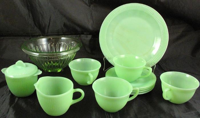 Fire King "Jane Ray" Jadite: Dinner Plate, Cup & Saucers (4 each) and Sugar Bowl w/Lid & Creamer.  Also shown is Depression Era Green Vaseline Glass Bowl