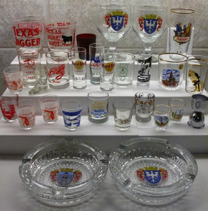 Vintage Barware Including Collector Shot Glasses, Germany Beer Goblets, Ashtrays & more.  Texas Jiggers. etc.