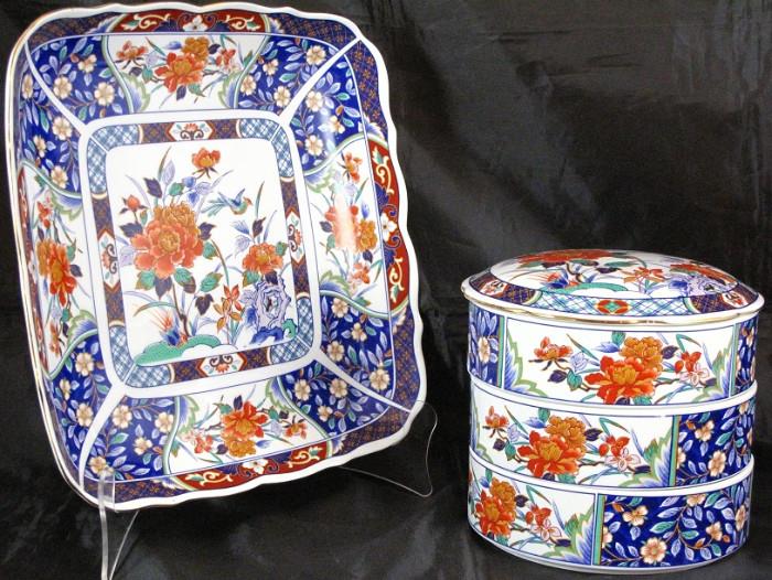 Imari Style Porcelain Square 12" Tray/Dish and  Stacking Bowls (3) with Lids