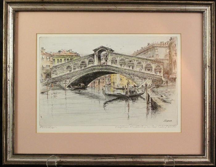Venice , Italy
"Rialto Bridge "original Etching By Prof. Paul Geissler (1874-1954) Titled & Signed in pencil.  Double Matted & Framed 
