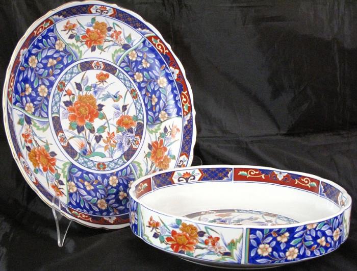 Imari Style Porcelain Footed Cake Plate and 10 1/2" Serving Bowl
