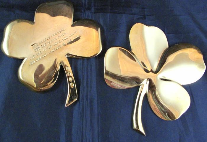 Shamrock Wall Plaques/Paperweights:  24K Gold Plated with original wire hangers.  Verse on back reads "One Leaf is for Hope, One is for Faith and you know God put another in for Luck"