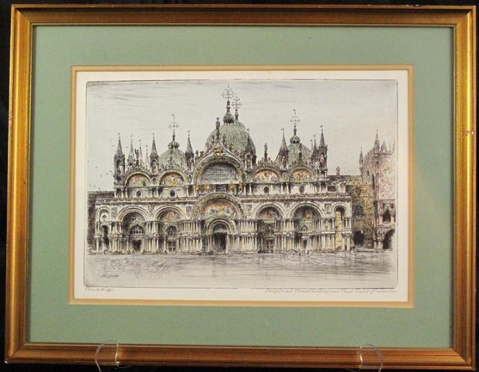 Venice , Italy
Saint Mark's Basilica  original Etching By Prof. Paul Geissler (1874-1954) Titled & Signed in pencil.  Double Matted & Framed 
