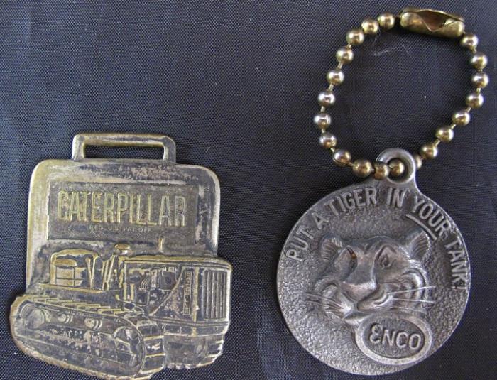 Vintage Caterpillar Silver Plate Watch Fob and Enco "Put a Tiger in Your Tank" Key Chain