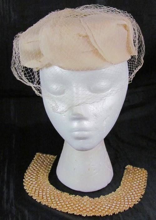 Vintage Ivory Hat with Veil.  Shown with Vintage Beaded Collar