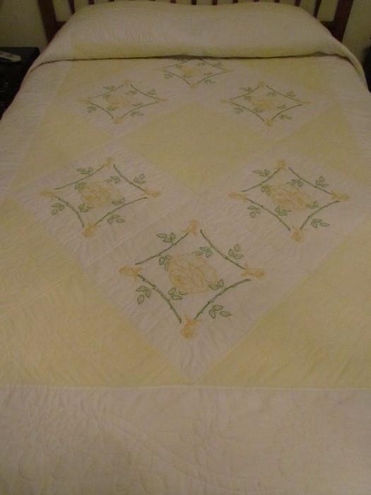 Hand Embroidery Hand Quilted/ Yellow Roses Quilt.  Shown on Queen Size Bed