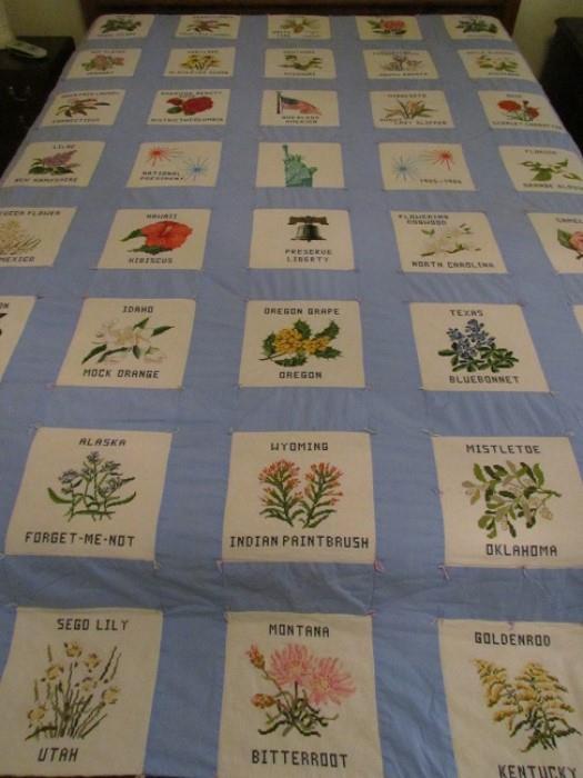 Hand Embroidery State Flowers Handmade Quilt