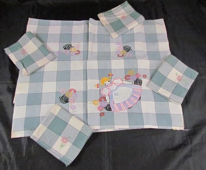 Handmade Blue & White Gingham Check Hand Embroidered & Appliqued Luncheon Cloth with 4 Napkins