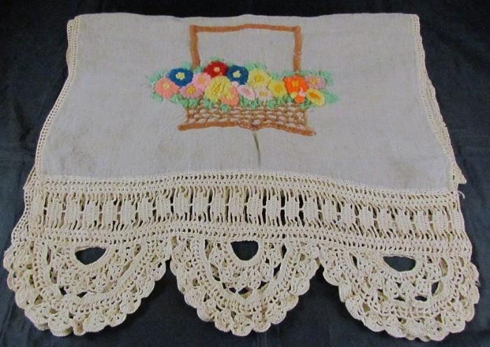 Raw Linen Wool Embroidered Table Runner with Hand Crocheted Edging