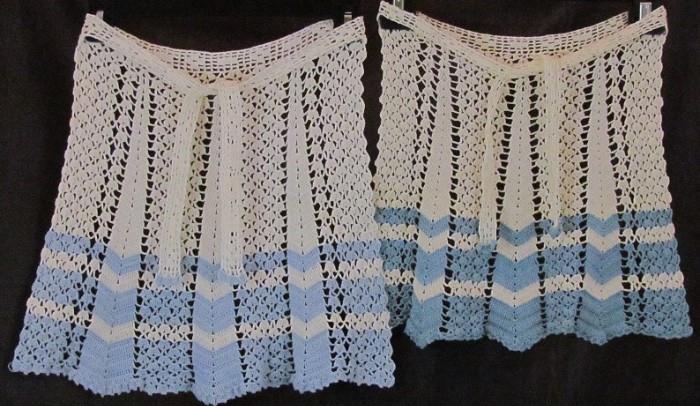 Vintage Hand Crocheted Blue & White Aprons