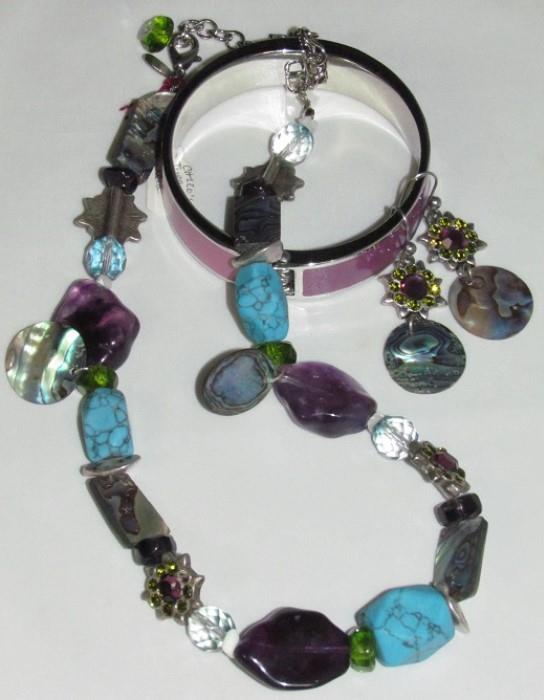 Chico's Abalone, Turquoise, Glass Stone Necklace & Earrings shown with Anne Taylor Bangle Bracelet 