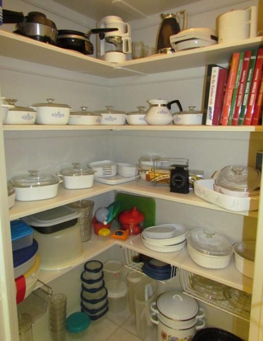 Kitchen Pantry showing Collection of Corning, Tupperware and Small Appliances