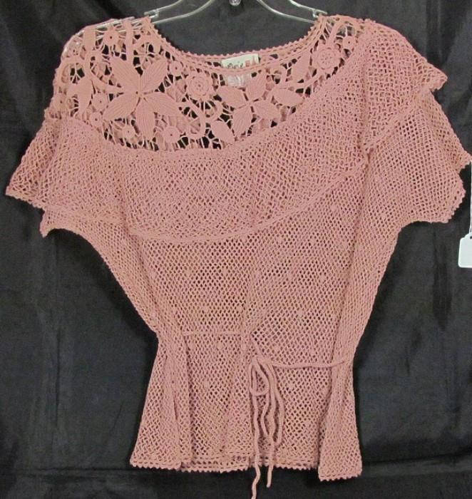 Lim's of Shanghai Unique Vintage Crochet Pink Sweater with Draw String Waist