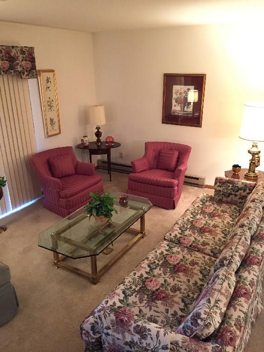 Extra Long Couch, Side Chairs, Brass & Glass Coffee Table