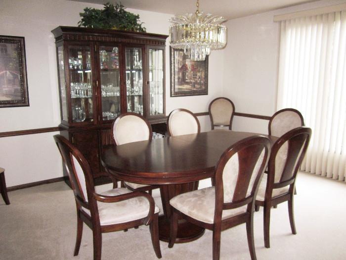 Stunning mahogany inlaid dining room table, chairs, lighted china cabinet and sideboard