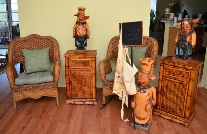 Rattan Chairs, Rattan Side Tables, & 3 PC Chef Pigs for your Kitchen/Breakfast Bar