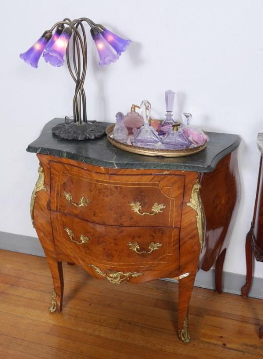 Marble Top Ormolu 2 Drawer Chest, Art Glass Tulip Lamp with Purple Shades, & Perfume Dresser Set & Tray