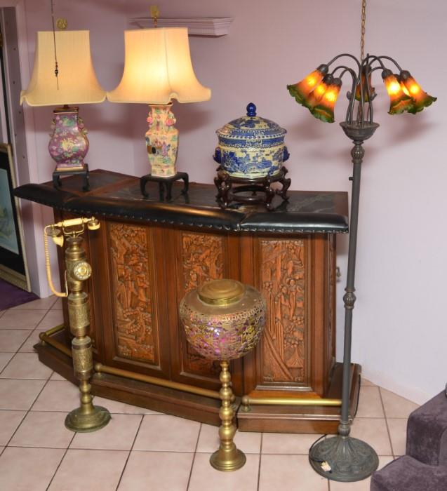 Unique Carved Oriental Bar, Decorative Furnishings, and Many Lamps in the Special Sale
