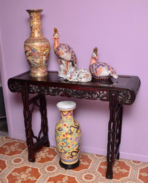 Carved Oriental Side Table, Decorator Peacocks, & Oriental Vases
