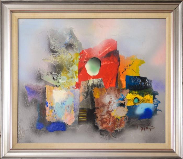 DUS, Laszlo, (Hungarian, 1941- ):  Abstract Composition Mixed Media Works, measures 30" x 36", signed lower right, encased in a silver gilt frame with minor wear 38" x 43 1/2"