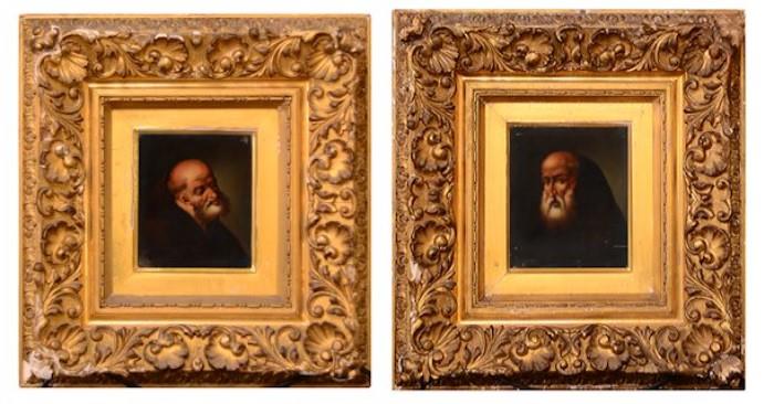 2 Oil on Board with Monks in Carved Gilt frames